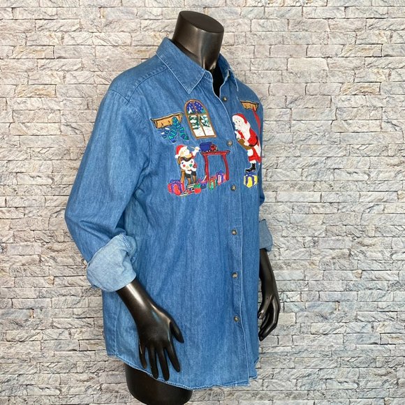 Karen Scott Denim Christmas Shirt Size Large Holiday Embroidery Button Down - Picture 4 of 8